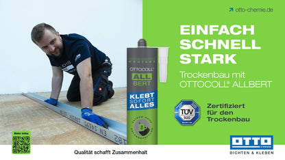 Kraftvoller OTTOCOLL® ALLBERT Klebstoff für den Trockenbau – ideal zum schnellen und sicheren Verkleben von Bauplatten und Konstruktionselementen.