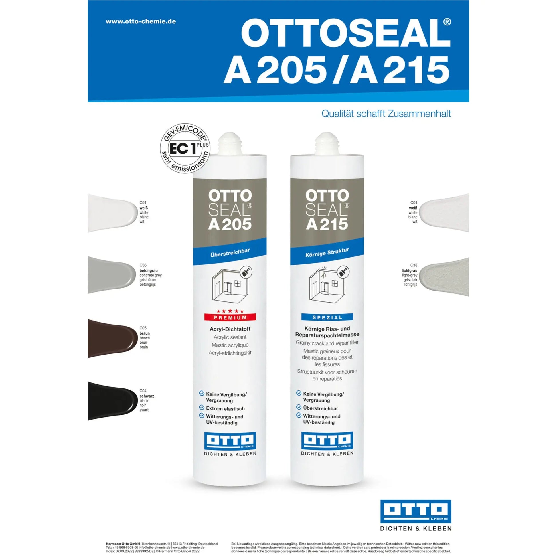 OTTOSEAL A 205  A 215 für die elastische und dauerhafte Abdichtung von Fugen und Anschlüssen in Innen- und Außenbereichen